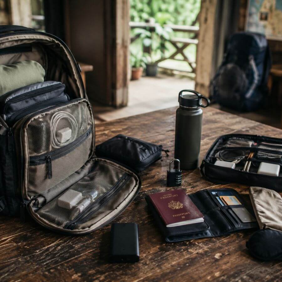 Sac ouvert avec cadenas, gourde et accessoires pratiques de voyage