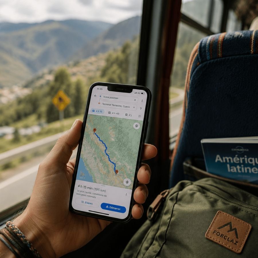 Téléphone affichant une application de navigation pendant un voyage