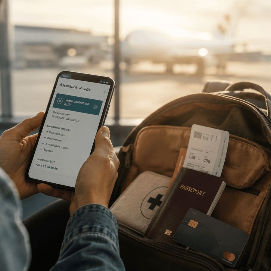 Voyageur préparant ses documents d'assurance avant un départ en Amérique latine