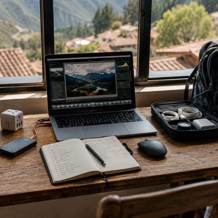 Ordinateur portable, batterie externe, adaptateur et accessoires technologiques de voyage
