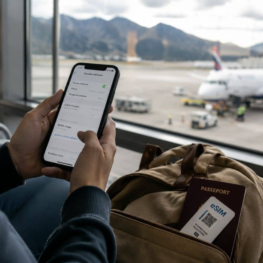 Smartphone connecté avec eSIM pour rester en ligne pendant un voyage
